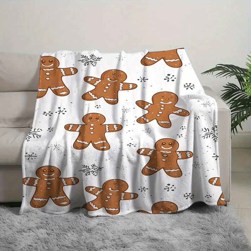 1 Comfortable Flannel Christmas Blanket - White with Holiday Gingerbread Man And Snowflake Pattern, Four Seasons Sofa, Home Decor, Machine Washable, Christmas Shawl, Snowflake Print, Durable Material, Winter Comfort Choice