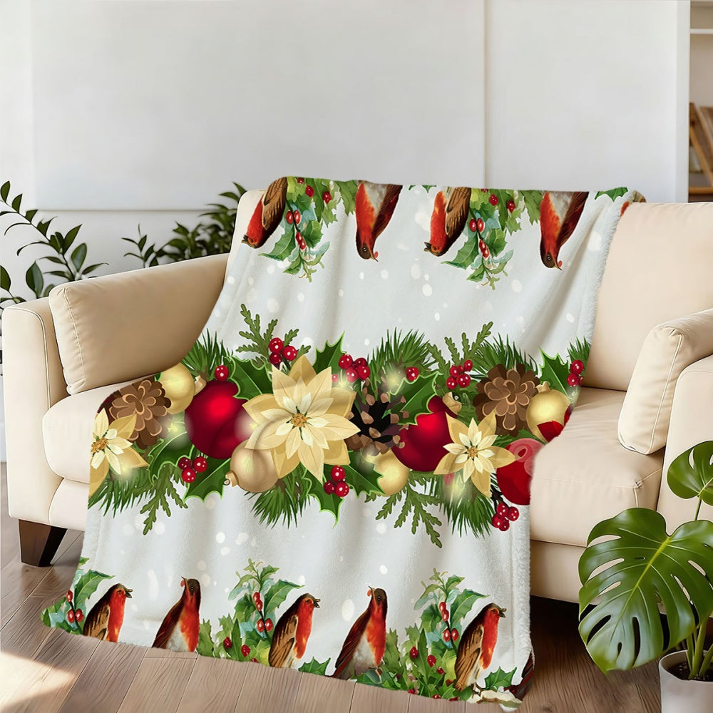 1pc Christmas Red Bird and Wreath Pattern Flannel Blanket, Soft, Comfortable, and Warm, with a White Base and Festive Design. A Four-season Universal Sofa Throw and Warm Cover Blanket, Available in Multiple Sizes. Suitable for Living Room Sofas