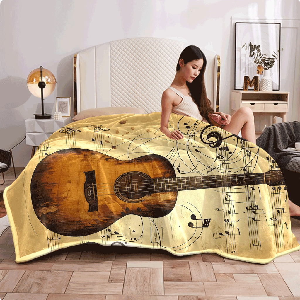 1pc Cozy Guitar And Music Note Print Polyester Blanket Soft Warm And Tear-Resistant Throw for Sofa Office Camping And Travel All-Season Multi-Purpose Gift with Musical Theme Design S