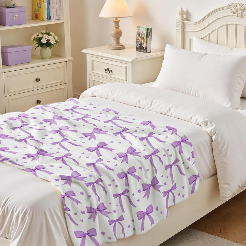 for Lotus Karen Bow Blanket 60x80 Inch Soft Lightweight Flannel Throw Blanket with Purple Bow Christmas Birthday Valentine's Day Gifts for Girls Women Coquette Preppy Decor for Bedroom Dorm Bed Sofa