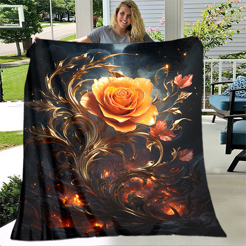 1pc Golden Rose Print Blanket, Romantic Artistic Throw, Ultra-Warm Soft And Comfortable, Flannel Blanket, Multi-Size Available, Suitable for Living Room, Bedroom, Balcony, Courtyard