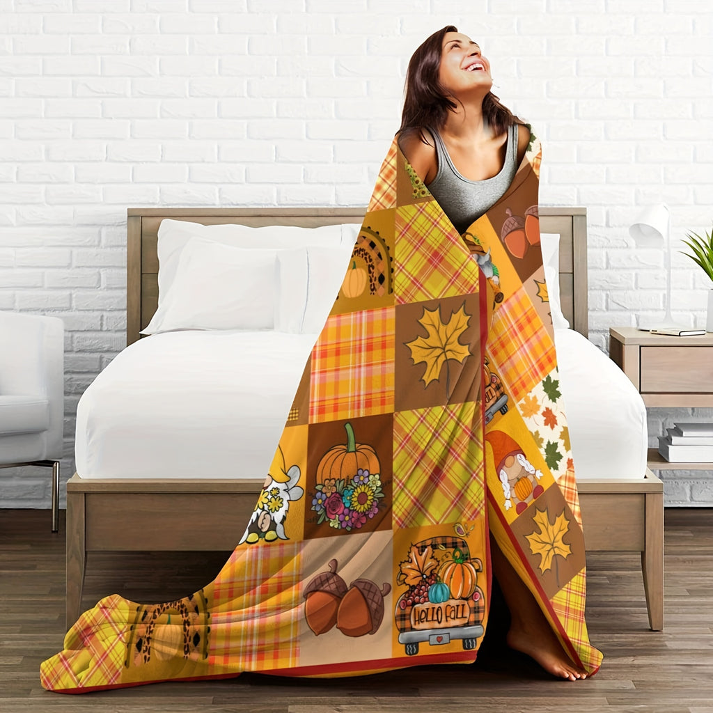1pc Autumn-Themed Pumpkin and Gnome Print Flannel Blanket, Soft, Comfortable, and Warm, Orange-Yellow Plaid Design, Durable Plush Surface, All-Season Bed Blanket, Warm Throw Blanket, Multiple Sizes Available, Suitable for Living Room Sofas