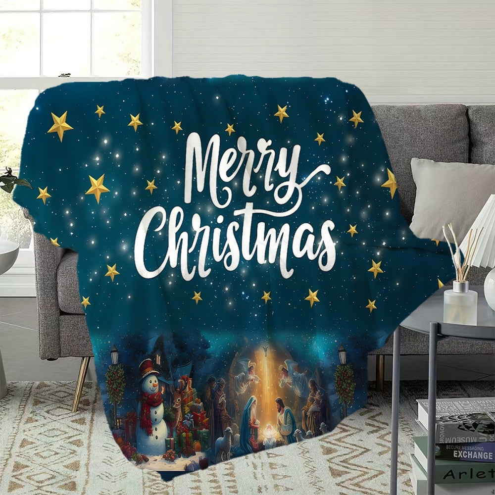 1pc Christmas Themed Flannel Blanket with Stars and Nativity Scene, Soft, Comfortable, and Warm, Deep Blue Starry Sky Design, Durable Plush Surface, All-Season Sofa Blanket, Warm Throw Blanket, Multiple Sizes Available, Suitable for Living Room