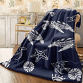 1pc Soft Flannel Throw Blanket Navy Blue with White Turtle Starfish Coral Print, Cozy All-Season Sea Animal Pattern Blanket for Bed Couch