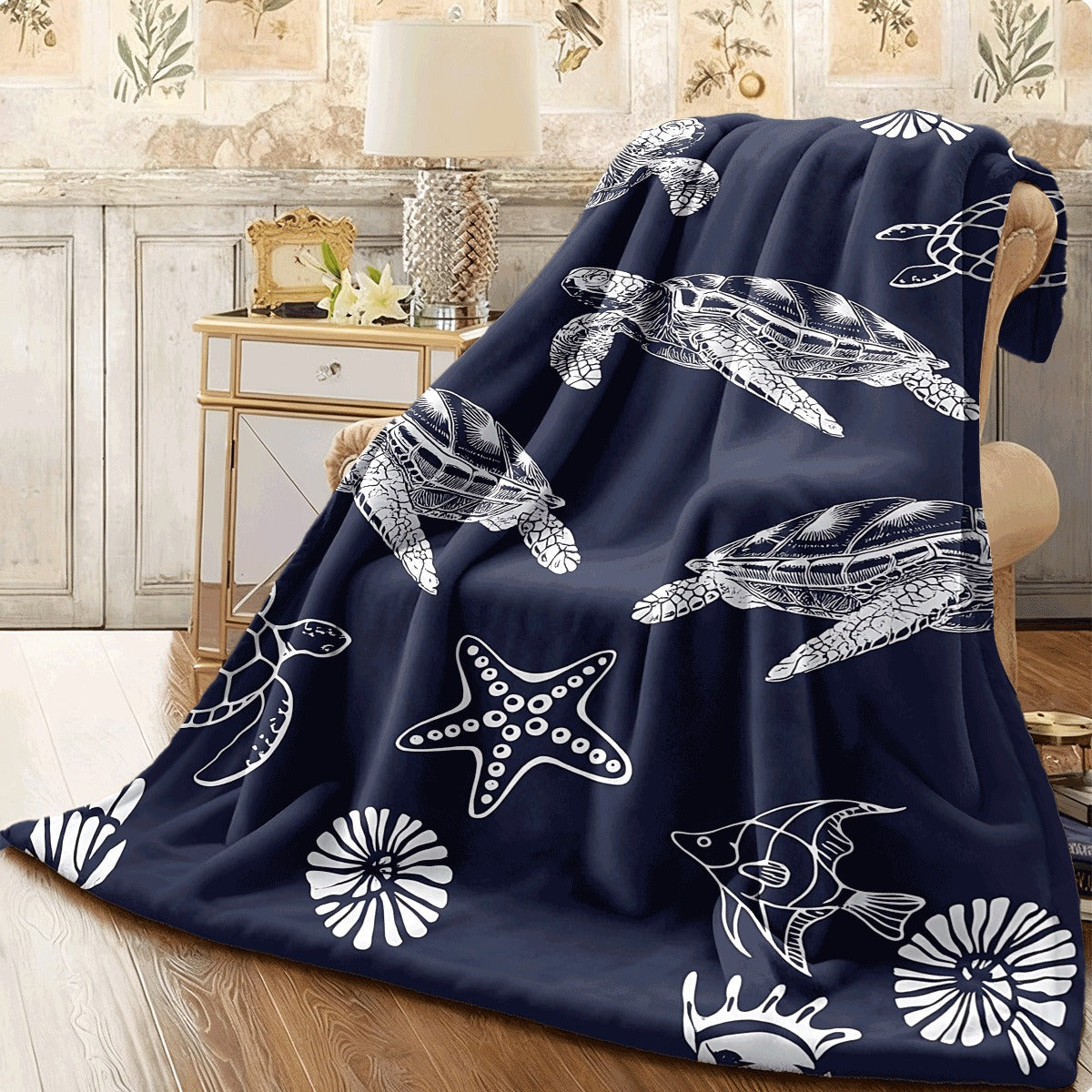 1pc Soft Flannel Throw Blanket Navy Blue with White Turtle Starfish Coral Print, Cozy All-Season Sea Animal Pattern Blanket for Bed Couch
