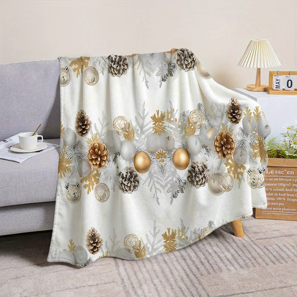 1pc Christmas Pinecone And Golden Ball Decorative Flannel Blanket, Soft Comfortable Warm, White And Golden Design, All-Season Sofa Blanket, Warm Cover, Multiple Sizes Available, Suitable for Living Room Sofa, Bedroom, Reading Corner