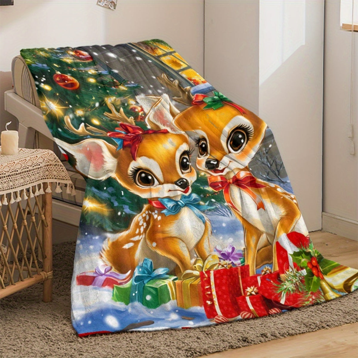1pc 2D Flat Printing, Christmas Reindeer And Gifts Blanket, Soft Fleece Throw, Warm Orange Design, All-Season Use, Cozy Cover, Multi-Size Available, Suitable for Living Room, Bedroom, Sofa,, And Reading Nook