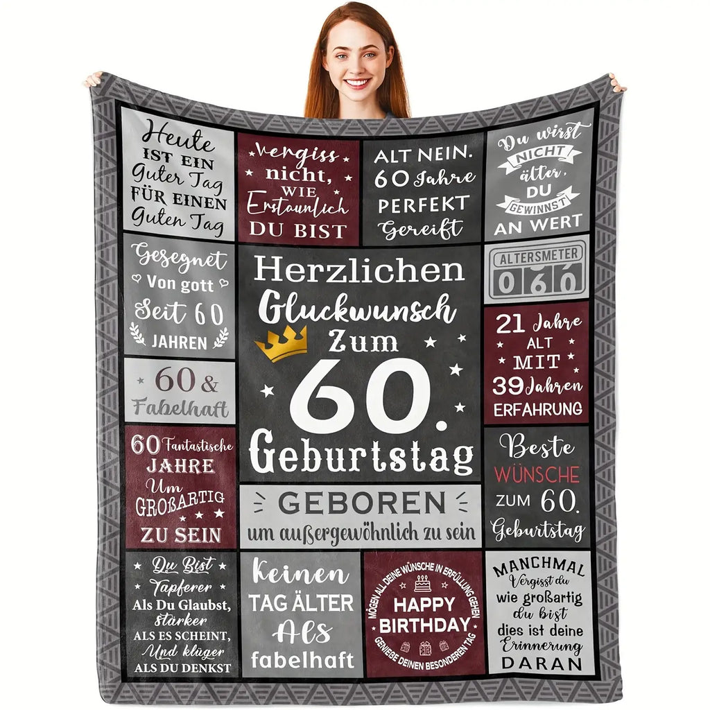 1pc 60th Birthday Gift for Men - German Text & Number 60 Design Soft Flannel Throw Blanket - 60 Year Milestone Keepsake for Dad, Husband - All-Season or Couch Cover - Machine Washable 60th Birthday Party Decorations