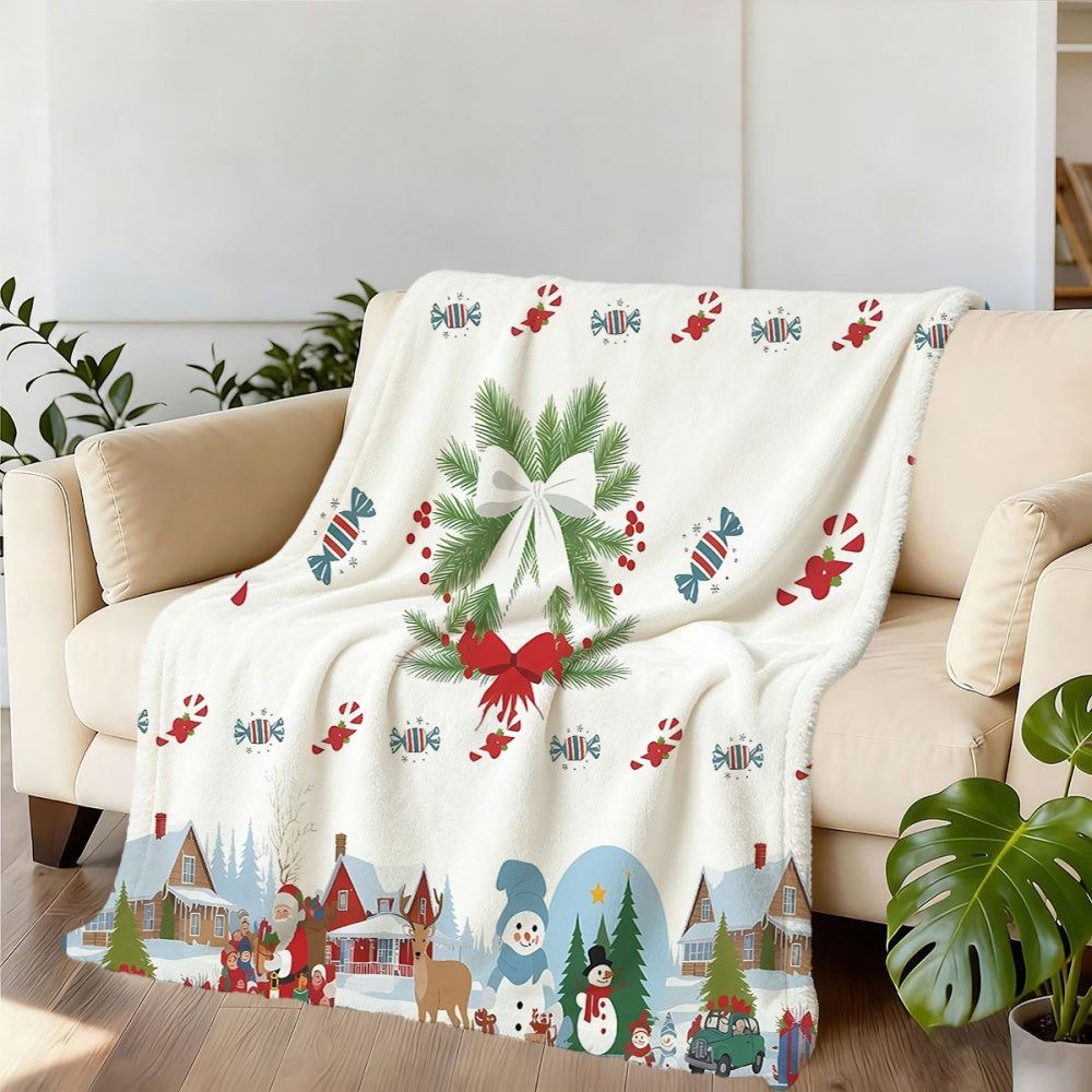 1pc Christmas Holiday-themed Flannel Blanket with Pine Branch Wreath and Snowscape Pattern, Soft, Comfortable, and Warm, White Design, All-season Universal Sofa Throw, Warm Lap Blanket, Multiple Sizes Available, Suitable for Living Room Sofas
