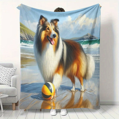 1pc 2D Flat Printing, Corgi Beach Theme Blanket, Soft Fleece Blanket - Blue White Brown Design, Multi-Size Available, Suitable for Living Room, Bedroom, Sofa, And Casual Reading