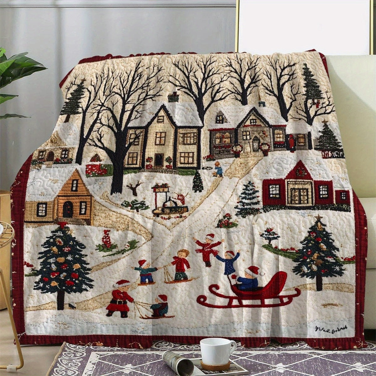 1pc 2D Flat Printing Christmas Snowscape Blanket, Soft Fleece Blanket, Beige And Red Design, All-Season Warm Throw, Multiple Sizes Available, Suitable for Living Room Sofa, Bedroom Headboard, Balcony Leisure, Holiday Decor, And Reading Nook