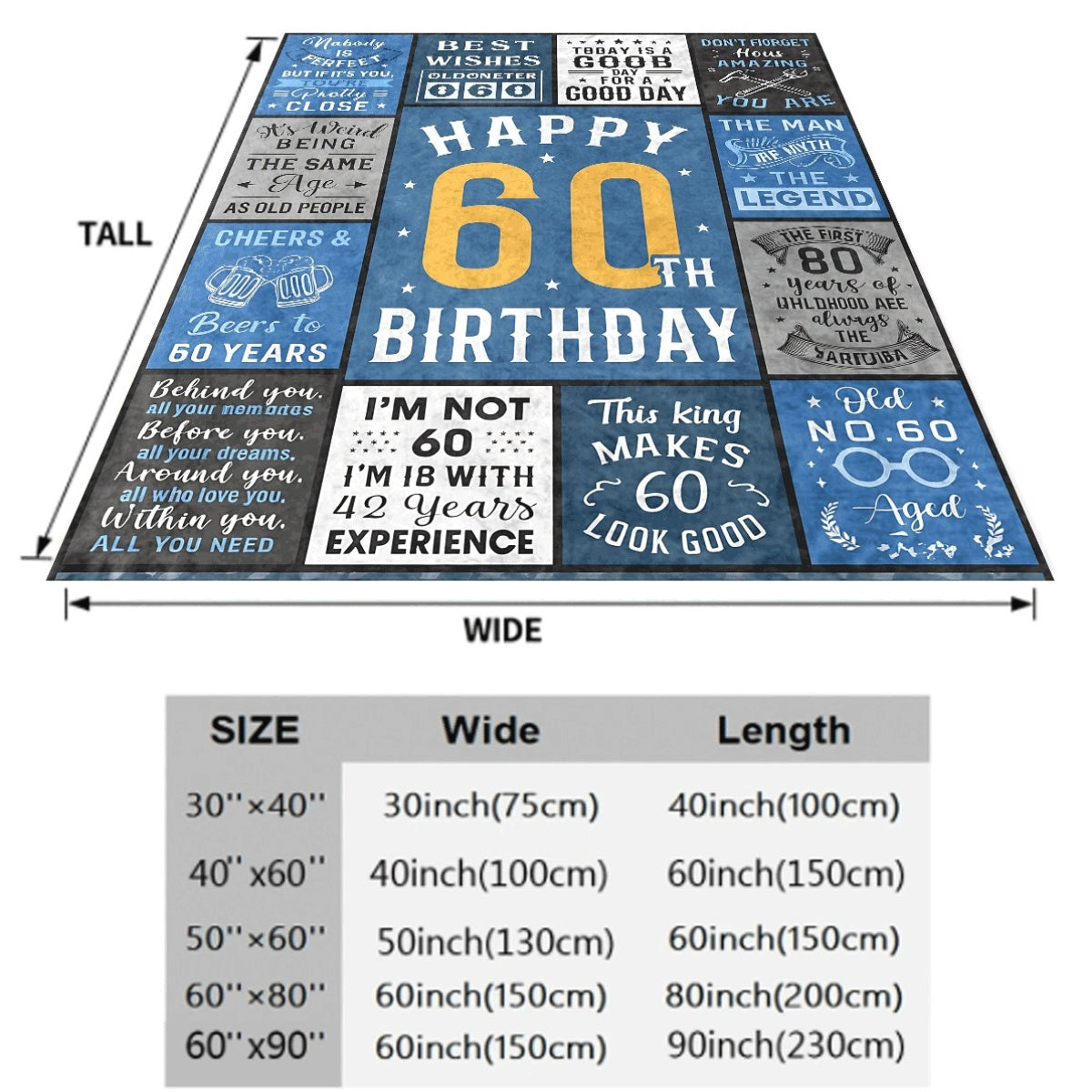 1pc Happy 60Th Birthday Flannel Blanket Retro Blue And Gray Typography Collage, Cozy Warm Throw for 60Th Birthday Celebration, Sofabed Decor, Machine Washable