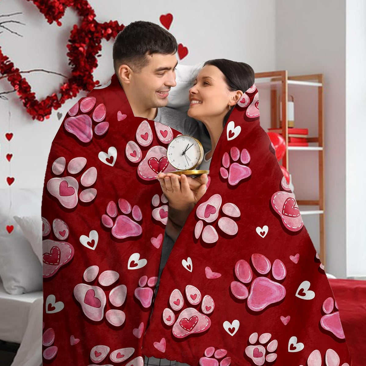 A Flannel Throw Blanket Featuring Paw Prints for Valentine'S Day, in Red And Pink, Perfect As a Romantic Gift for Anniversaries, Weddings, Or Birthdays for Women, Girlfriends, Wives, Or Lovers. This Soft Blanket Is Ideal for Bedding Or The Sofa