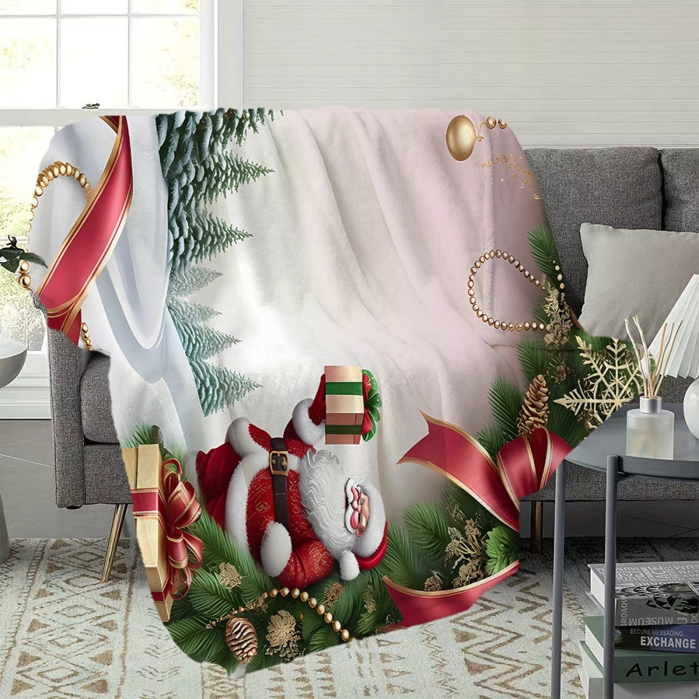 1pc, Santa Claus And Pine Branch Decor Flannel Blanket, Soft Comfortable Warm, Red And Golden Main Colors, Durable Plush Surface, All-Season Sofa Blanket, Warm Cover Blanket, Multiple Sizes Available, Suitable for Living Room Sofas, Bedroom
