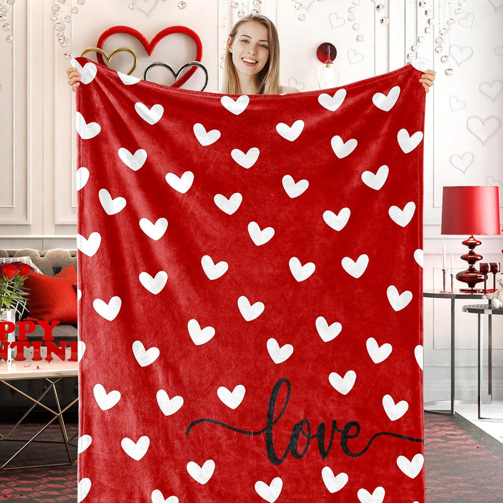Valentine Fuzzy Blanket Love Heart Throw Blanket Red Cozy Flannel Blanket for Home Bed Sofa Couch Chair, 50 X 60 Inch