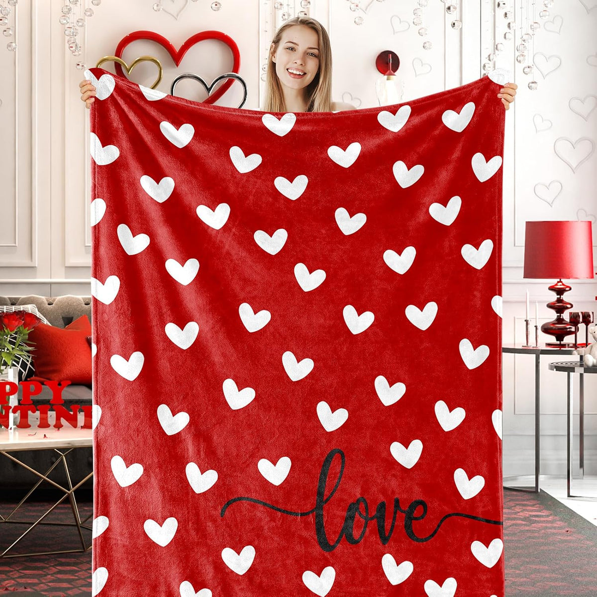 Valentine Fuzzy Blanket Love Heart Throw Blanket Red Cozy Flannel Blanket for Home Bed Sofa Couch Chair, 50 X 60 Inch