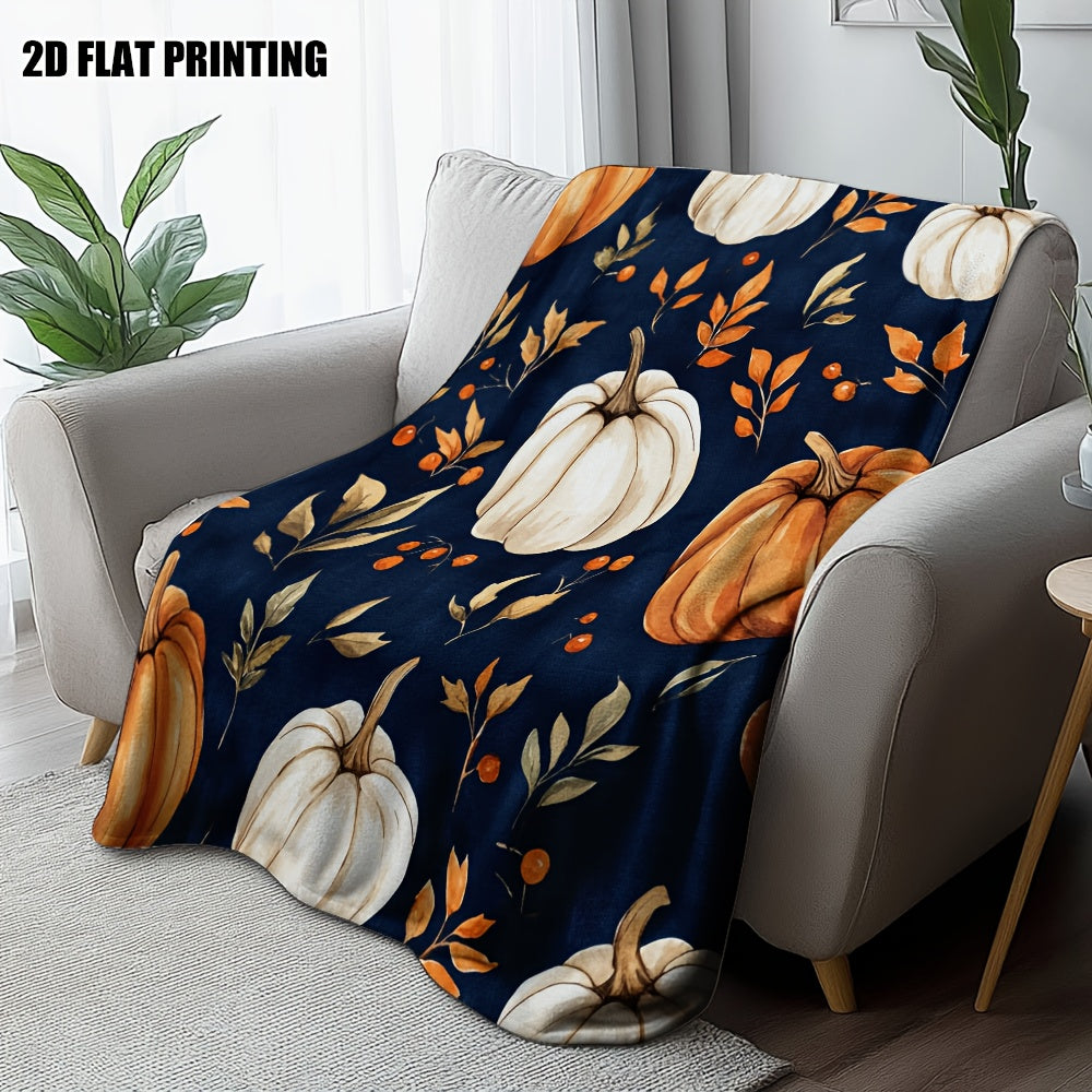 1pc Autumn Pumpkin And Fall Leaf Theme Flannel Blanket, Soft Comfortable Warm, Dark Blue Base Design, Durable Plush Surface, All-Season Bed Blanket, Warm Cover, Multiple Sizes Available, Suitable for Living Room Sofa, Bedroom Bedding