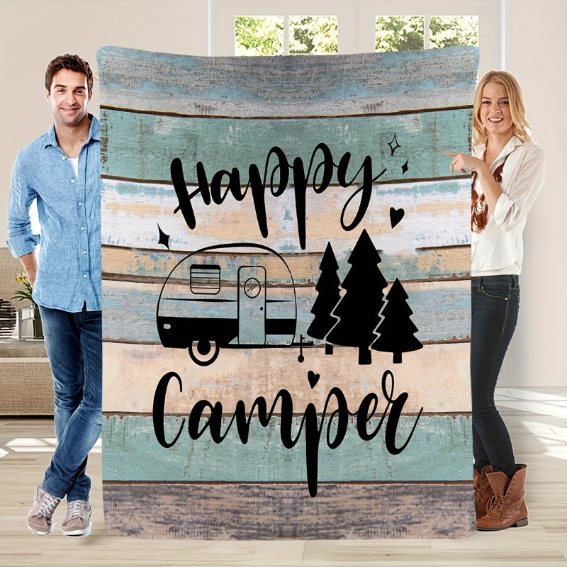 Warm Flannel Throw Blanket Showcasing a Cheerful Camper Motif, Washable in a Machine, Designed with Quilted Features, Digitally Printed, Suitable for Any Season, Made from Polyester, Ideal for Sofas And Beds