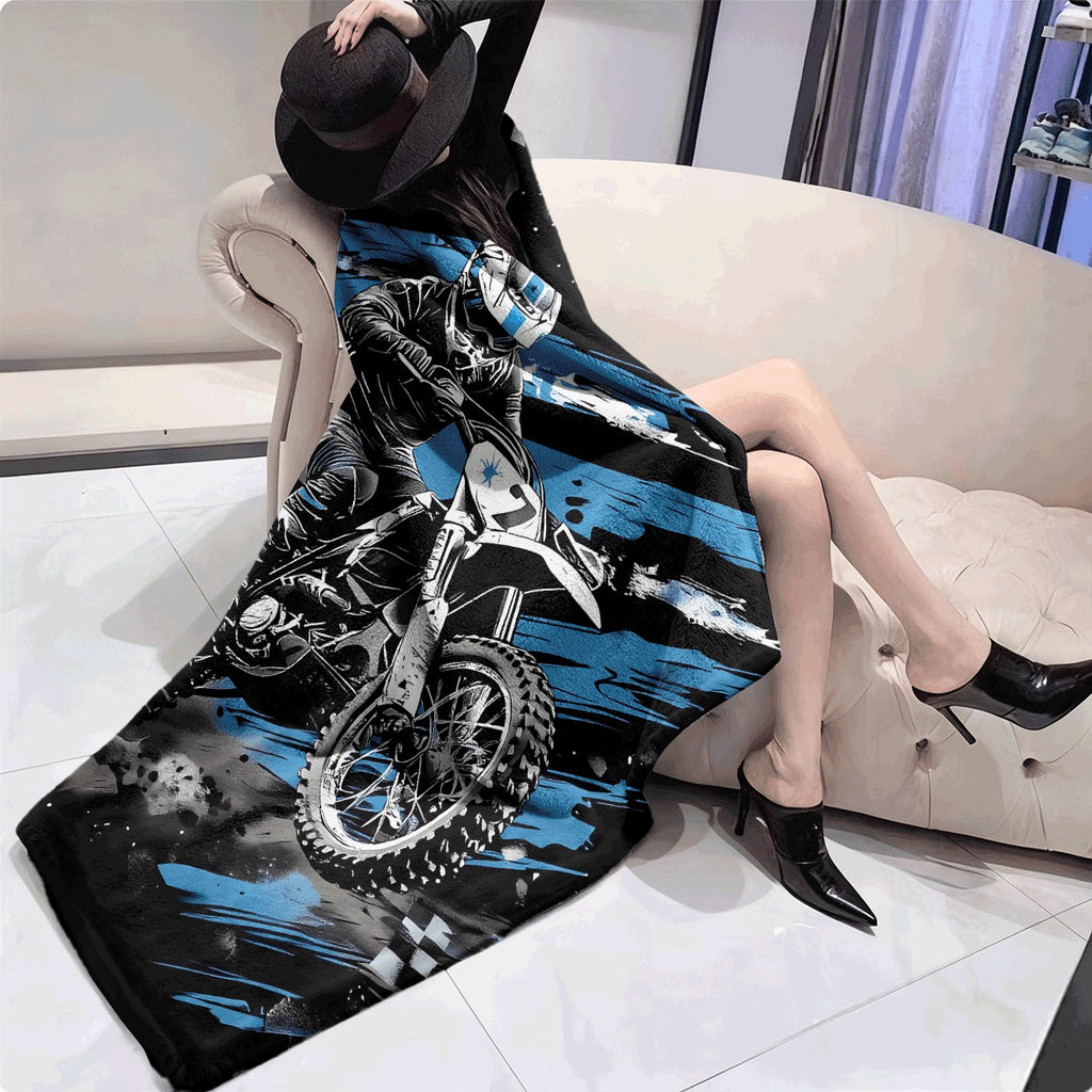 Flannel Blanket ? Single Piece ? Motorcycle Lovers Design ? Cozy Fleece Material ? Vibrant Motocross Rider & Dirt Bike Graphics ? Black, Blue, White, Gray Splashes ? Ideal for Home Decoration, Camping, Travel