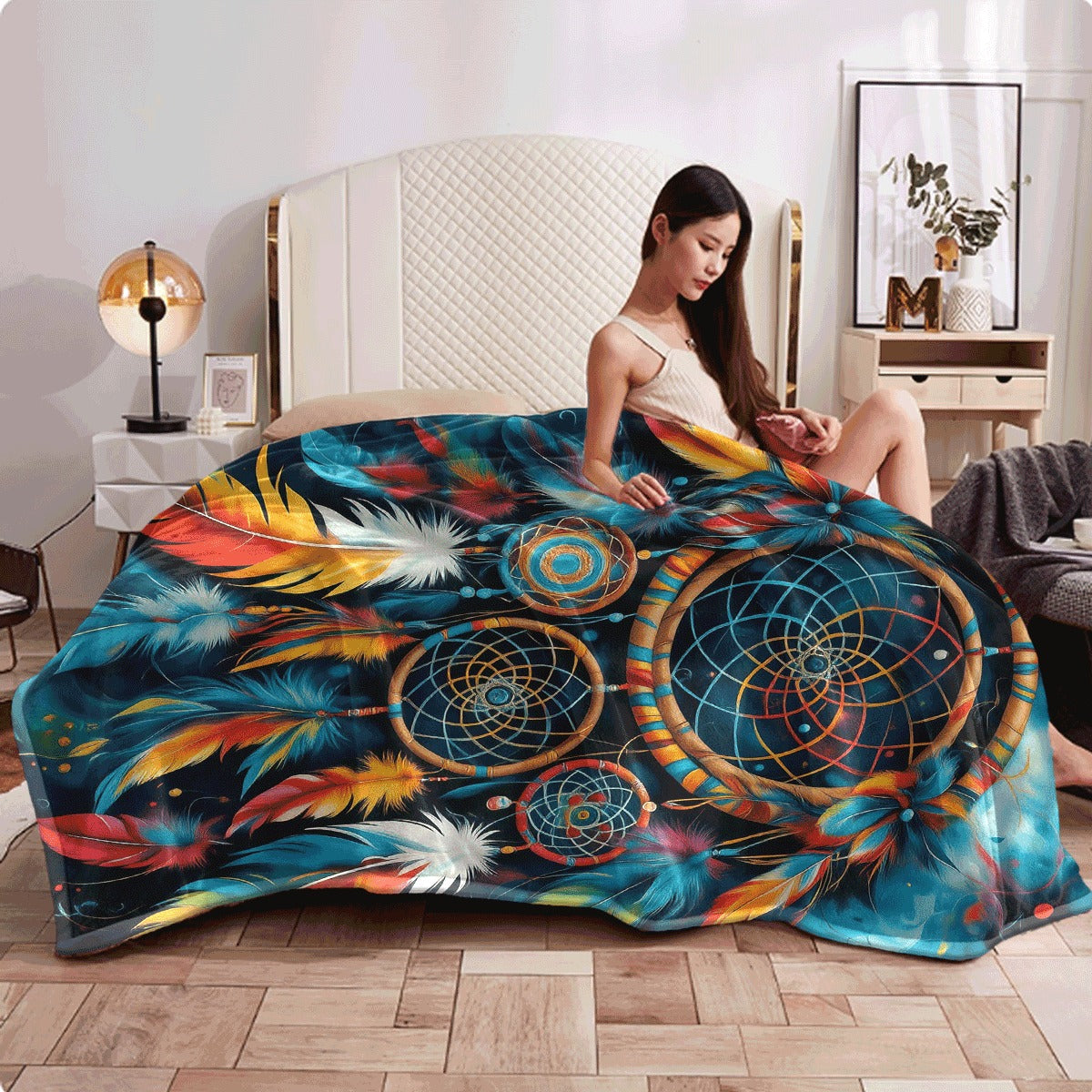 1pc Colorful Dreamcatcher Design Flannel Blanket Soft Lightweight Throw with Vibrant Feather Pattern, All-Season Comfort for Sofa, Office, Travel Machine Washable, Multiple Sizes Available, Offic