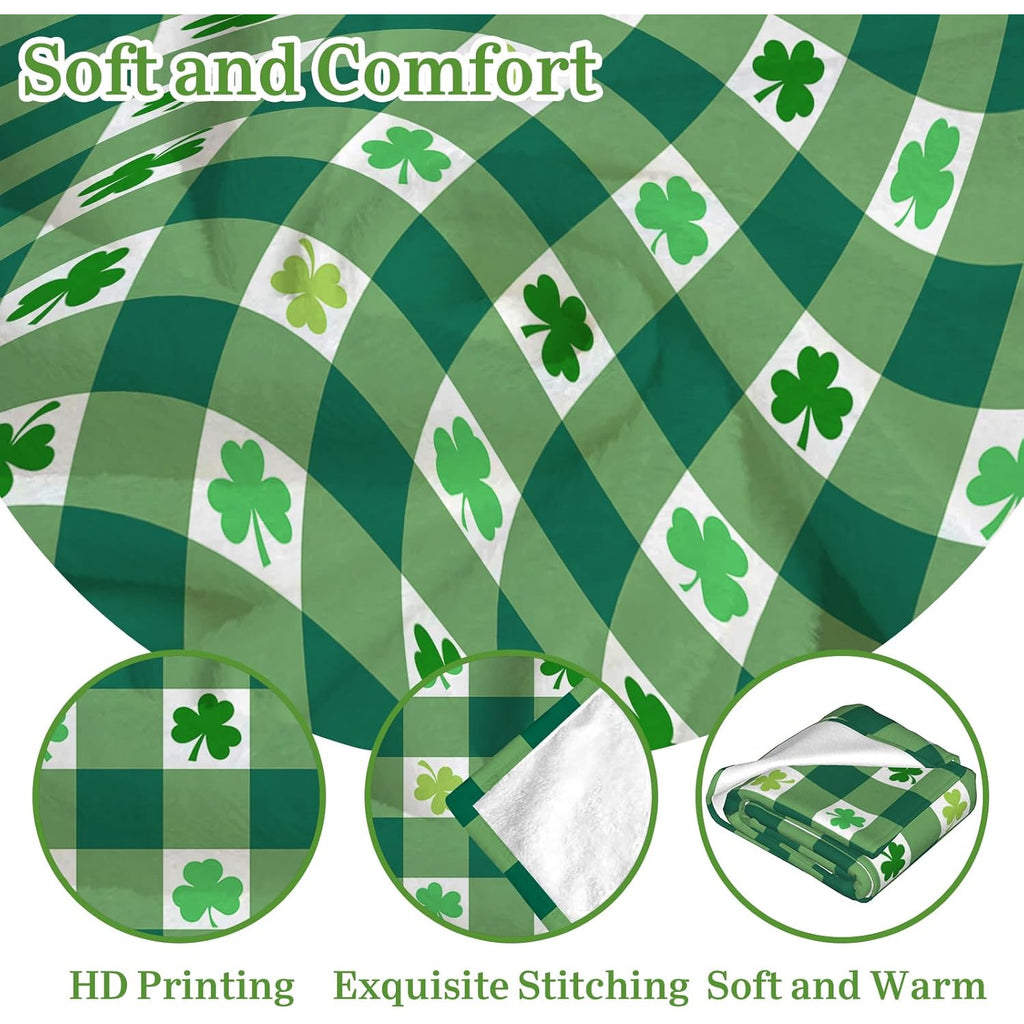 Fuzzy St. Patrick's Day Blanket Green Clover Buffalo Check Plaid Plush Throw Blanket for Couch Sofa Luxury Soft Cozy Lightweight Blankets for All Seasons 50x40
