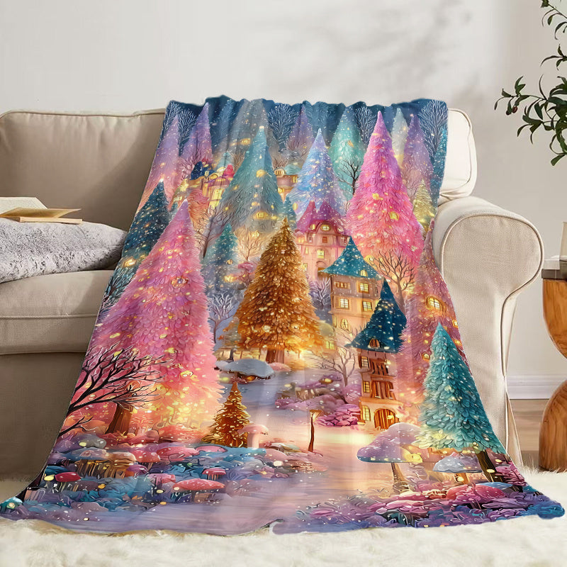 1pc Dreamy Christmas Forest Pattern Blue Design Flannel Large Blanket, Christmas Winter Decoration, Suitable for Weekend Sofa Naps, Movie and TV Entertainment Time, RV Travel