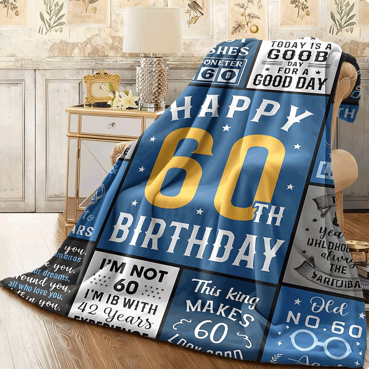 1pc Happy 60Th Birthday Flannel Blanket Retro Blue And Gray Typography Collage, Cozy Warm Throw for 60Th Birthday Celebration, Sofabed Decor, Machine Washable