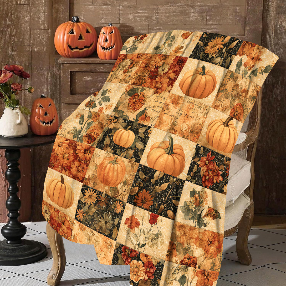 Halloween Pumpkin and Floral Patchwork Design Flannel Blanket, Soft, Comfortable, and Warm, Autumn Vintage Style, Durable Plush Surface, All-Season Bed Blanket, Warm Throw Blanket, Multiple Sizes Available, Suitable for Living Room, Bedroom
