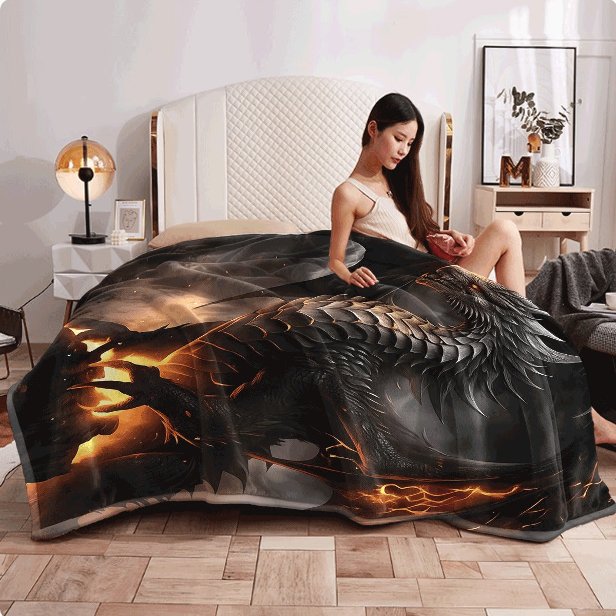 1pc Luxury Super Soft 3D Black Dragon Printed Flannel Blanket Contemporary Style Machine Washable All-Season Comfort for S Sofas Offices & Air Conditioning Perfect Holiday Gift for Family O