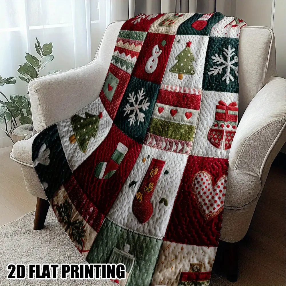 Cozy Christmas Quilt Print Flannel Throw Blanket- Soft, Warm, and Festive Design with Snowmen, Trees, and Holiday Decor- Perfect for Sofa, Bed, Chair, Living Room, or Office- Ideal Gift, Shipped Next Day, 280gsm, Christmas Decorations for Home