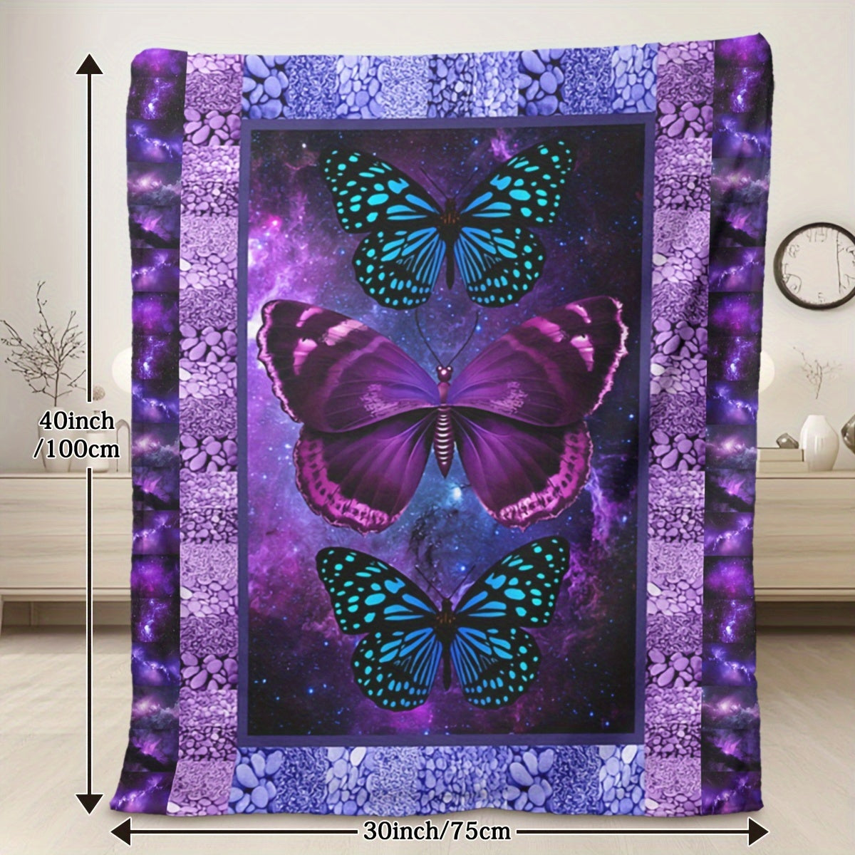 Purple Butterfly Flannel Blanket- Modern Style Reversible Digital Print Animal Theme, Suitable for All Seasons, Multifunctional Microfiber Bedding, Machine Washable- Moon Palace