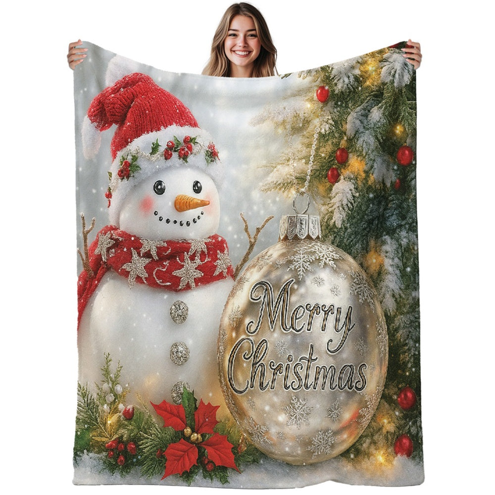 1pc, 2D Flat Snowman And Christmas Ball Pattern Flannel Blanket, Soft Comfortable Warm, White Holiday Design, Durable Plush, All Seasons, Warm Cover, Suitable for Bedroom Bed End Decor, Weekend Sofa Nap, Dormitory Life