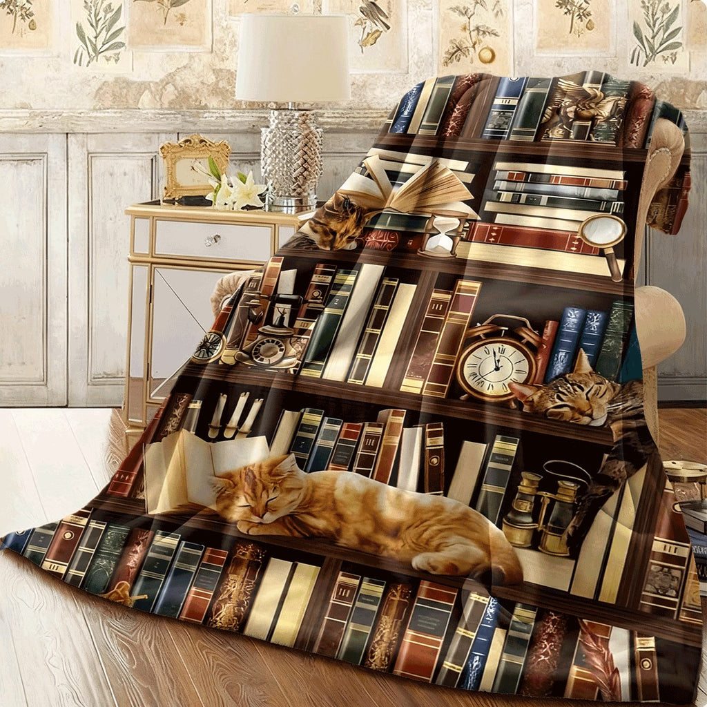 1pc Cozy Flannel Blanket with Vintage Bookcase Cat Print Retro Book Lover Reading Nook Home Decor Ultra Soft Warm All Season Sofa Couch Blanket