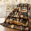 1pc Cozy Flannel Blanket with Vintage Bookcase Cat Print Retro Book Lover Reading Nook Home Decor Ultra Soft Warm All Season Sofa Couch Blanket