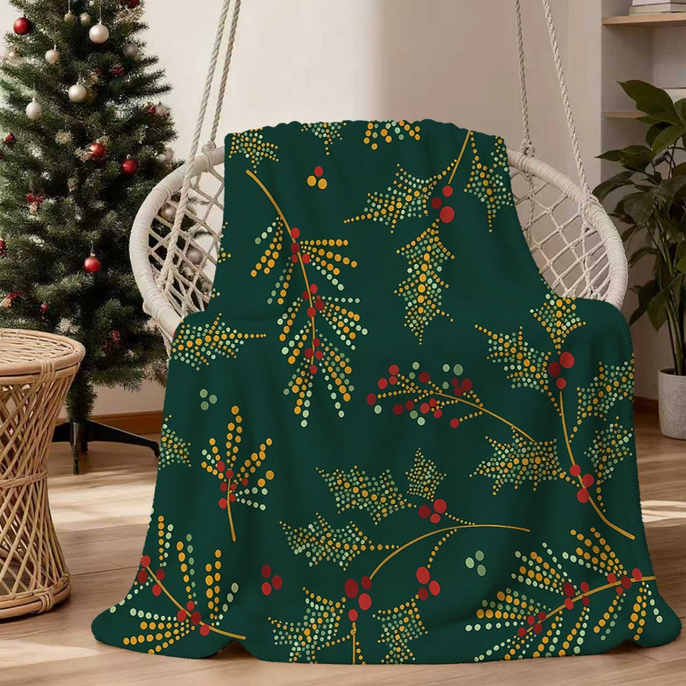 1pc Christmas Green Leaf Red Berry Polka Dot Pattern Flannel Blanket, Soft Comfortable Warm, Deep Green Design, All-Season Sofa Blanket, Warm Cover, Multiple Sizes Available, Suitable for Living Room Sofa, Bedroom, Casual Reading, Home Office