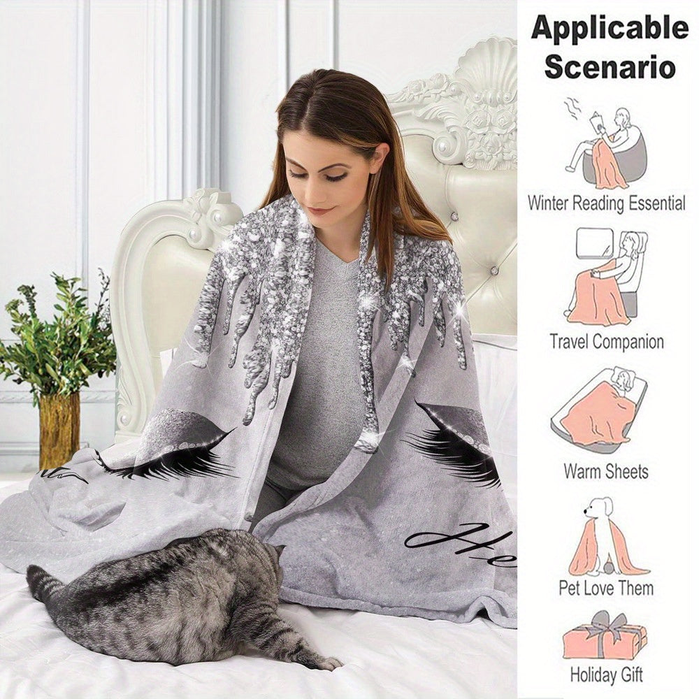 1pc Shimmering Eyelash Throw Blanket, Silvery Printed Design, Full-Size Blanket, Soft Fleece Velvet, Lightweight And Durable, Multi-Size Available, Suitable for Holiday Decor, Living Room Leisure, Bedroom Warmth, Study Reading