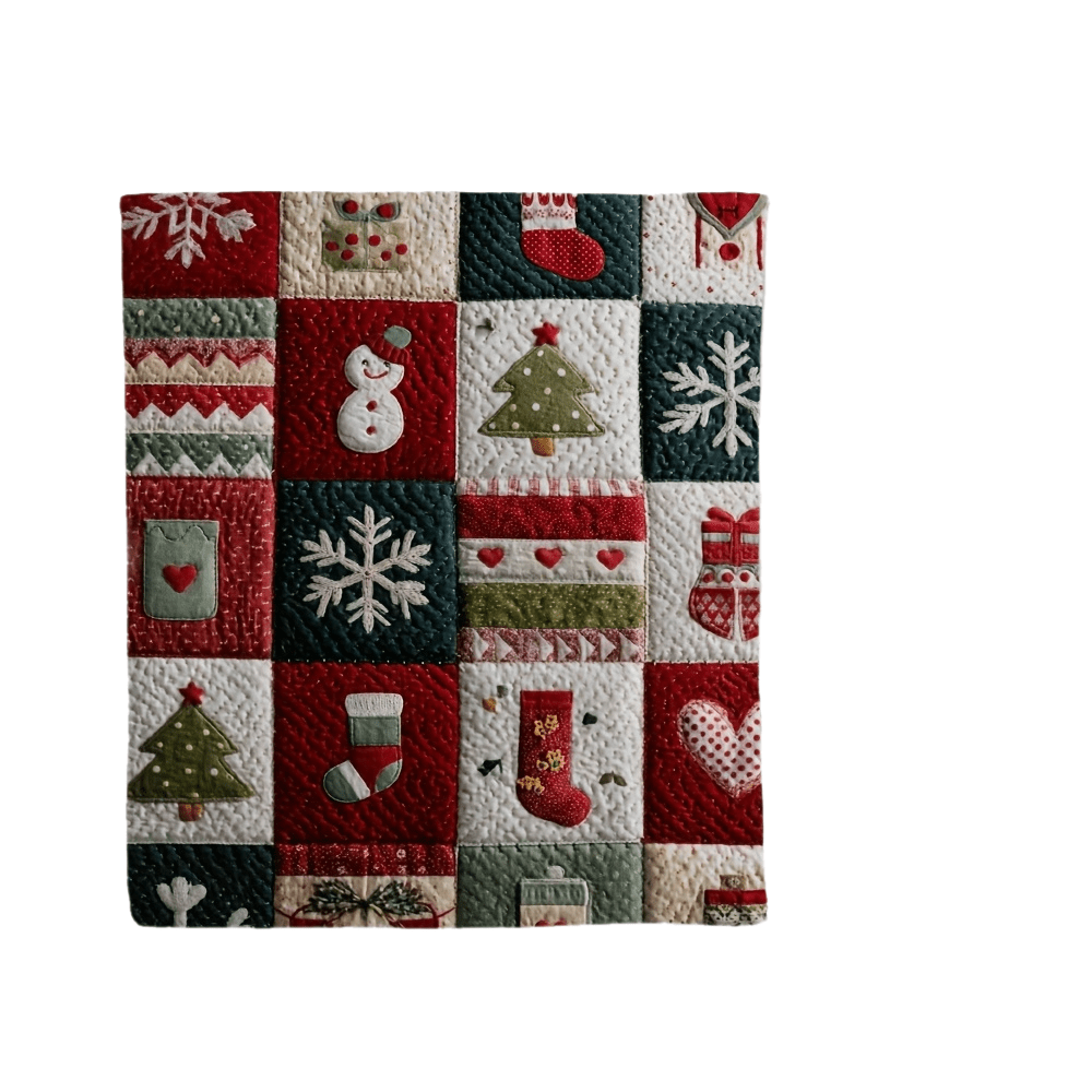 Cozy Christmas Quilt Print Flannel Throw Blanket- Soft, Warm, and Festive Design with Snowmen, Trees, and Holiday Decor- Perfect for Sofa, Bed, Chair, Living Room, or Office- Ideal Gift, Shipped Next Day, 280gsm, Christmas Decorations for Home
