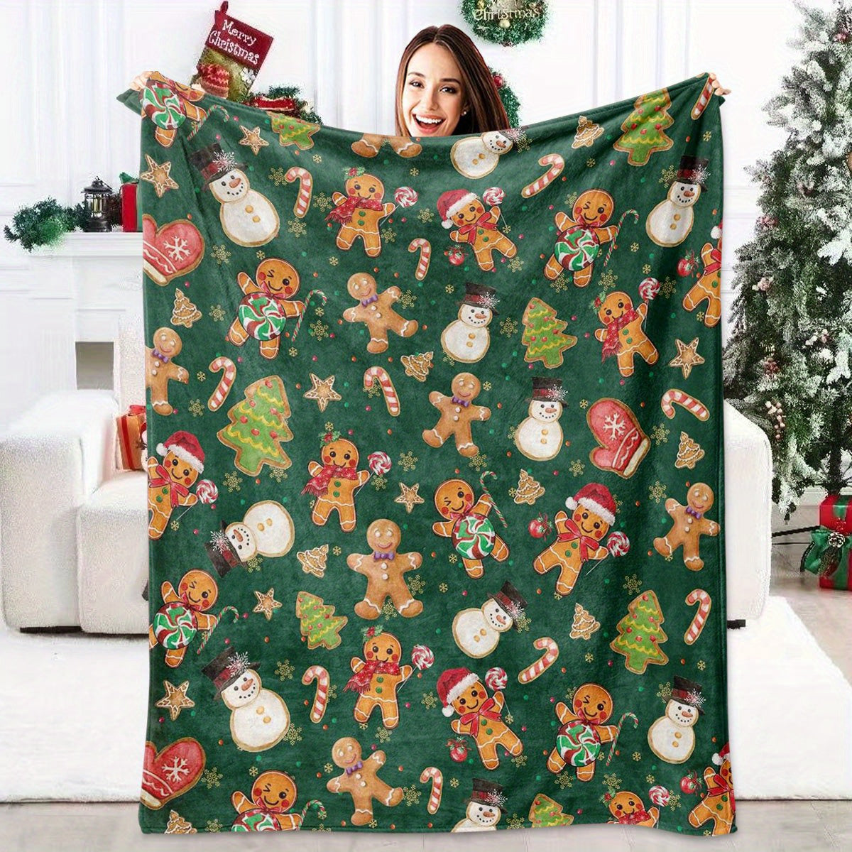 A Green Thickened and Warm Christmas Lovely Gingerbread for Man Print Ladies Blanket, Contemporary Soft and Comfortable Flannel Blanket, the Perfect Gift for Christmas, Birthday, Fit, and Sofa Decoration, Light and Comfortable Camping Blanket