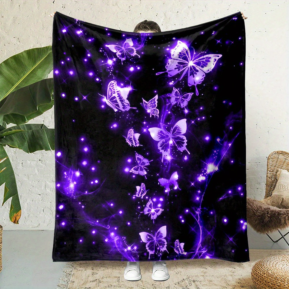 Glow-in-the-Dark Purple Butterfly Flannel Blanket - UV Glow Bedspread Suitable for Bed, Couch, Dorm - 280gsm All-Season Soft Throw with & Purple Glow Under Blacklight, Nighttime Comforter