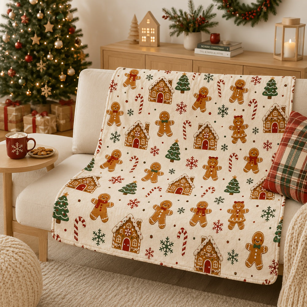 Blanket, Gingerbread Candy Christmas Blanket, Cream White Holiday Cartoon Style Soft Blanket, Living Room Sofa Bedroom Autumn And Winter Warm Home Decoration Blanket