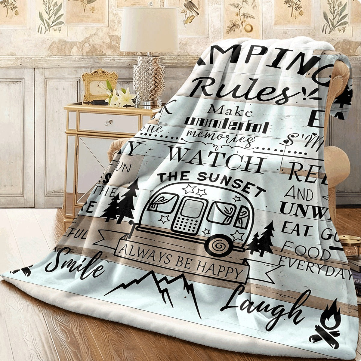 1pc Vintage Camping-Themed Flannel Blanket Soft All-Season Indoor Outdoor Throw with Retro Camper Pine Trees & Campfire Design Camping Rules Text Perfect for Sofa Camping Trips Ideal