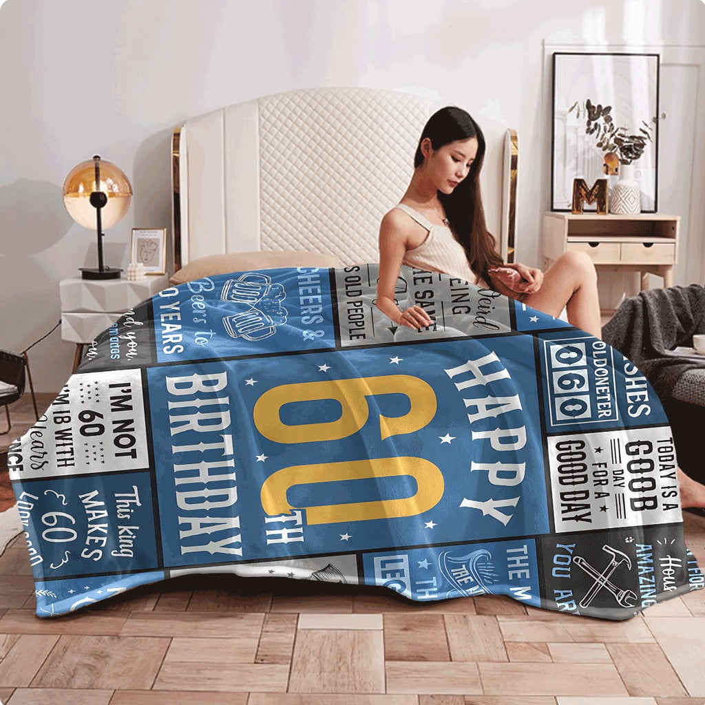 1pc Happy 60Th Birthday Flannel Blanket Retro Blue And Gray Typography Collage, Cozy Warm Throw for 60Th Birthday Celebration, Sofabed Decor, Machine Washable
