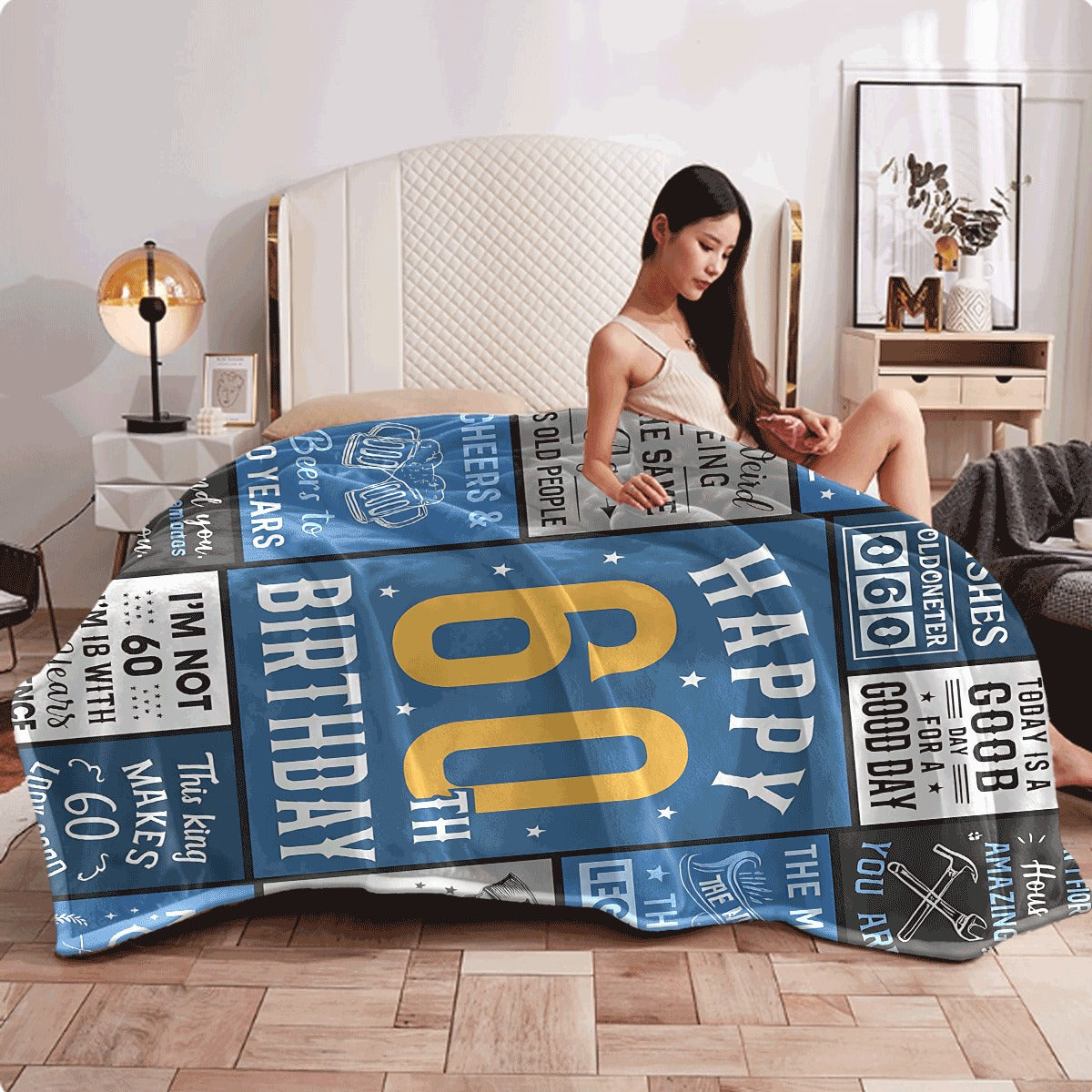 1pc Happy 60Th Birthday Flannel Blanket Retro Blue And Gray Typography Collage, Cozy Warm Throw for 60Th Birthday Celebration, Sofabed Decor, Machine Washable
