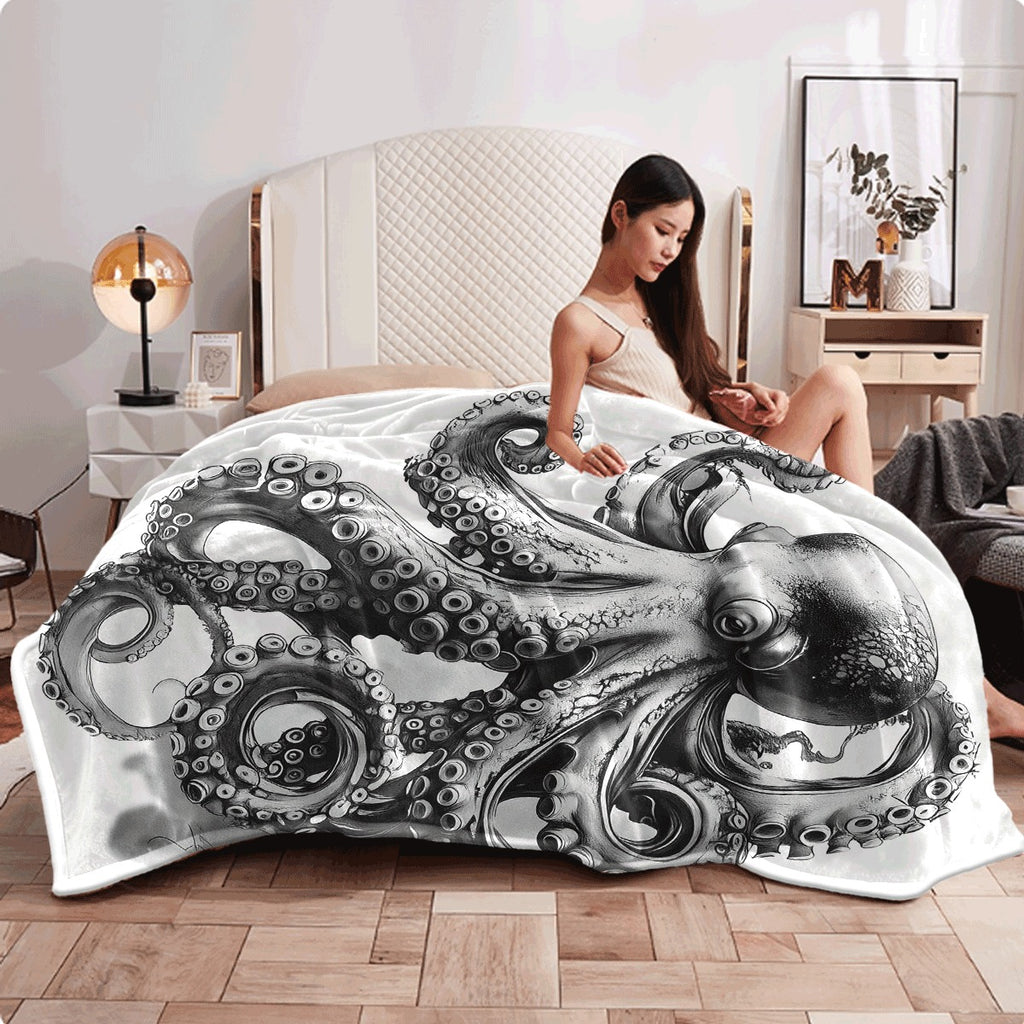 1pc Flannel Blanket, Majestic Octopus Sketch Realistic Tentacles, Big Eyes, Dynamic Movement, Soft Gray Background, Detailed Biological Design Pattern, Digital Print Cozy and Warm Throw for Sofa Or