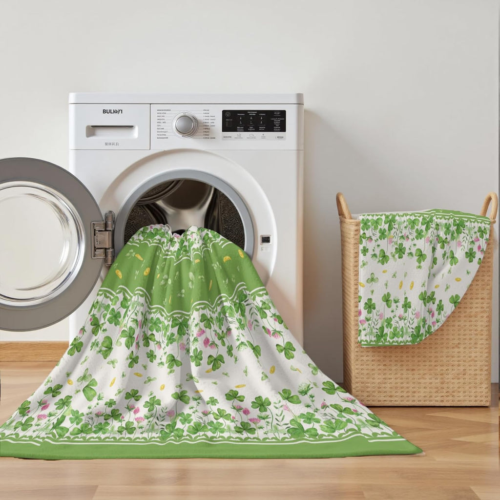 Green Shamrock Floral Throw Blanket | Lucky Green Clovers Golden Coin Farmhouse Decor Flannel Blanket 50x60 Inch Soft Sofa Fuzzy Warm and Cozy Throws for St Patricks Day Spring Couch and Gift