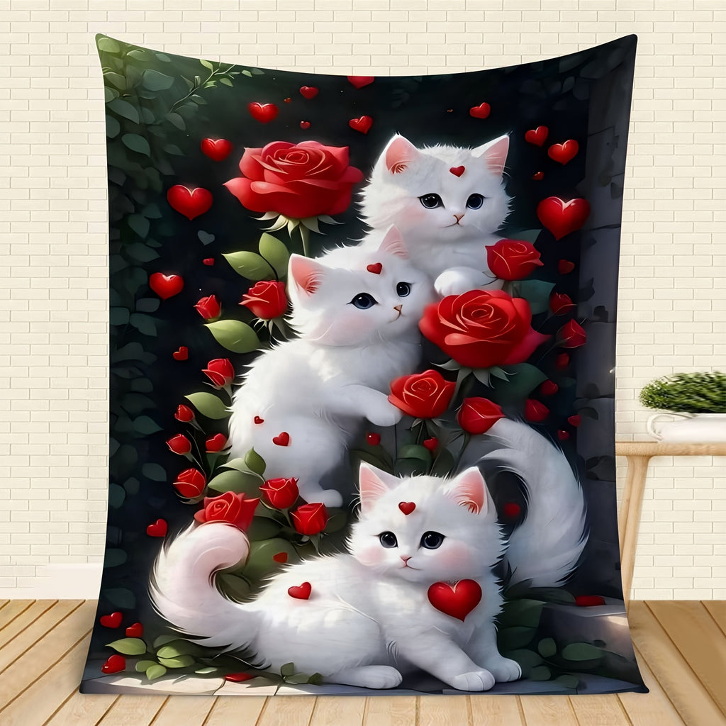 1pc 2D Flat Printing, 3 Cats And Red Roses Throw Blanket, Soft Fleece Blanket - Black Background Romantic Design, Multi-Sizes Available, Suitable for Living Room Sofa, Bedroom Sofa Cover, Leisure Reading, Winter Warmth And Holiday Decor