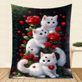 1pc 2D Flat Printing, 3 Cats And Red Roses Throw Blanket, Soft Fleece Blanket - Black Background Romantic Design, Multi-Sizes Available, Suitable for Living Room Sofa, Bedroom Sofa Cover, Leisure Reading, Winter Warmth And Holiday Decor