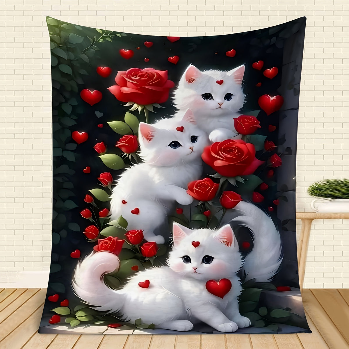 1pc 2D Flat Printing, 3 Cats And Red Roses Throw Blanket, Soft Fleece Blanket - Black Background Romantic Design, Multi-Sizes Available, Suitable for Living Room Sofa, Bedroom Sofa Cover, Leisure Reading, Winter Warmth And Holiday Decor