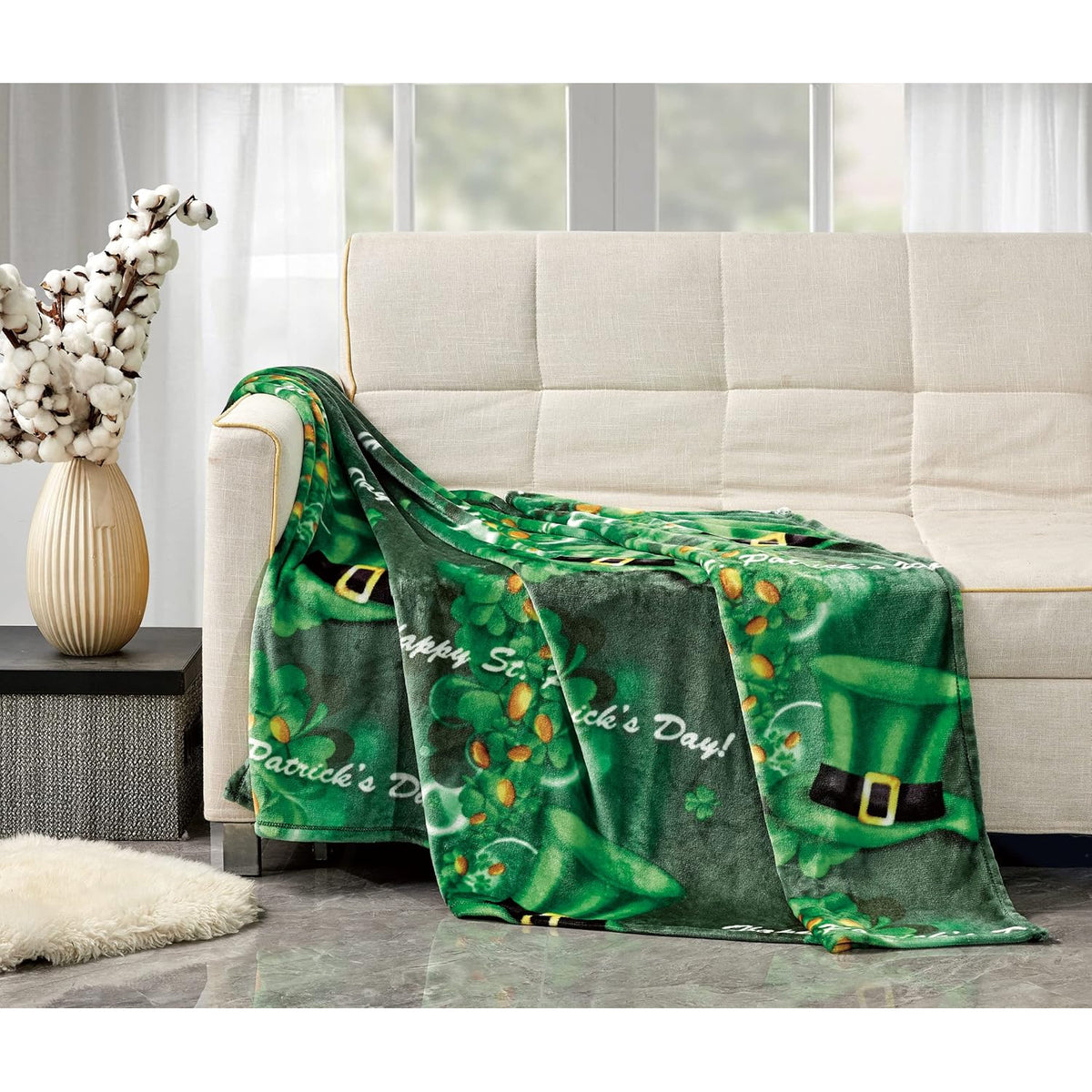 Luck of The Irish St Patrick's Day Plush Throw Blanket(50 X 70)- Shamrocks and Leprechaun Hats