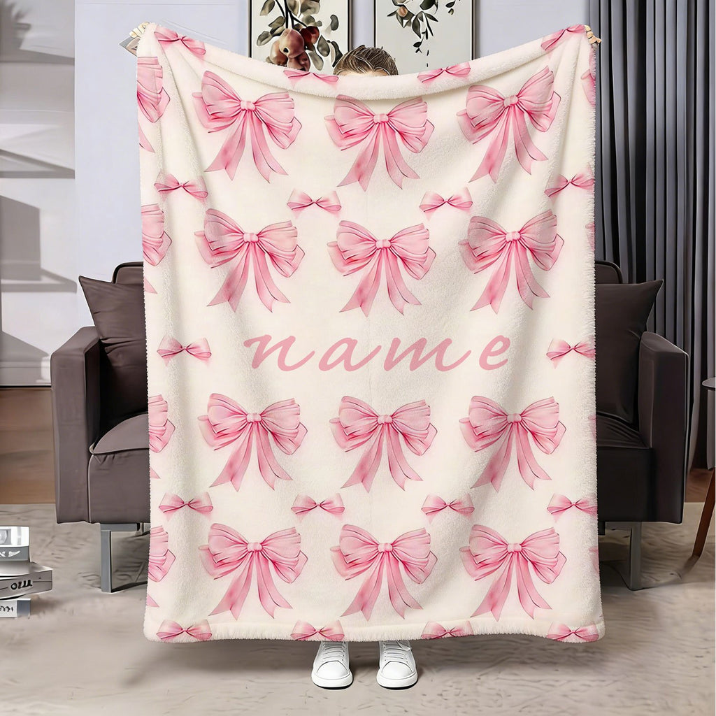 Personalized Custom Name Blanket, Pink Bow Fleece Blanket, Gift for Outdoor Enthusiasts, All-Season Plush Blanket, Suitable for Home And Travel, Comfortable Personalized Blanket, Ideal Holiday Gift for Family And Friends